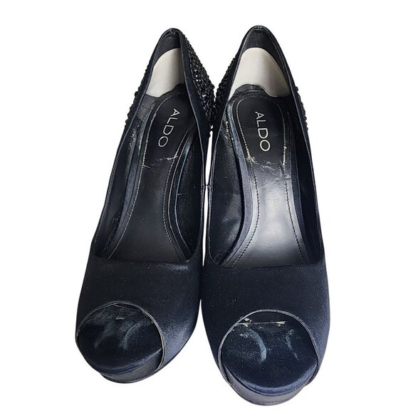 Aldo Black Satin Peep Toe High Heels With Rhinestone Embellished Heel Size 9 - Picture 4 of 14